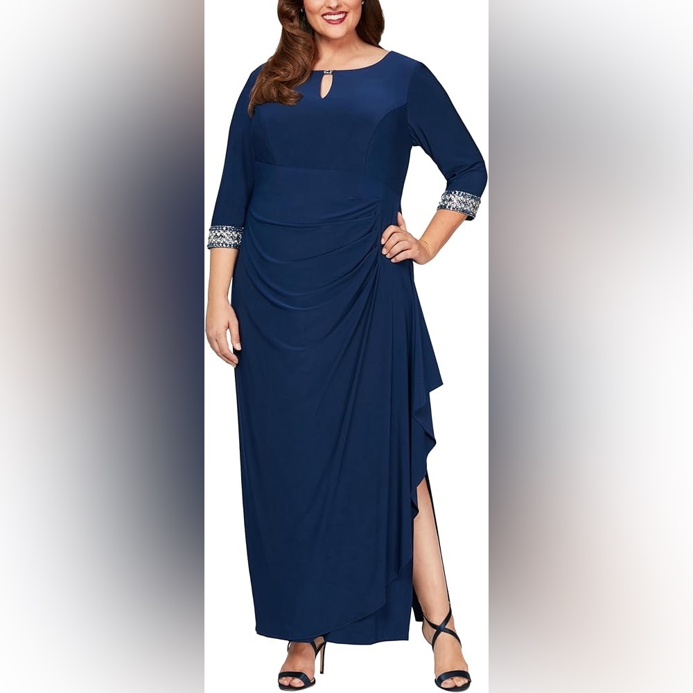 ALEX EVENINGS Cobalt Navy Ruched Dress with Keyhole Cutout Jewel Size 16 NWT